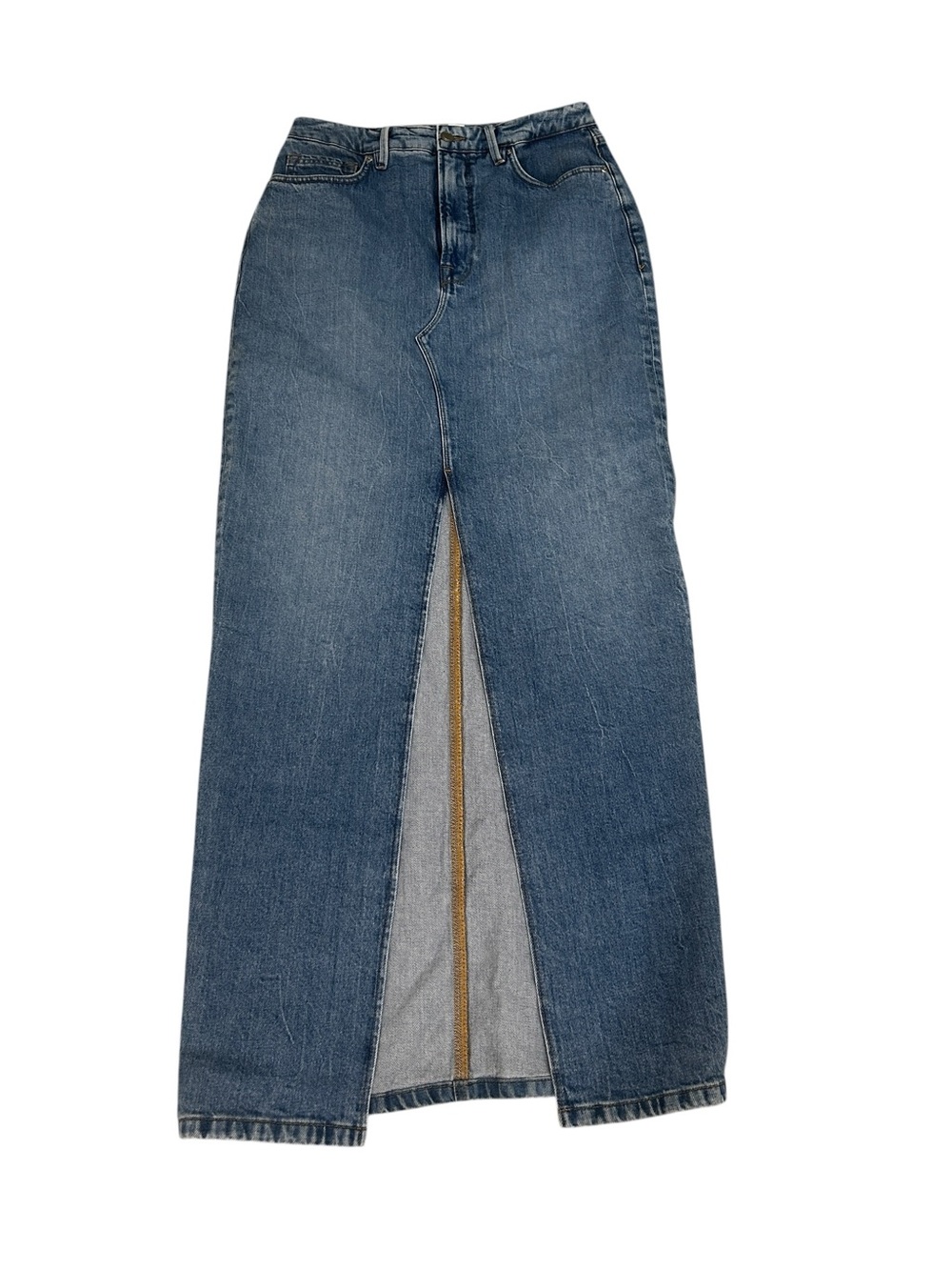 Good American Mid tone Blue High-Rise maxi Jean skirt with Center Slit sz 10/30